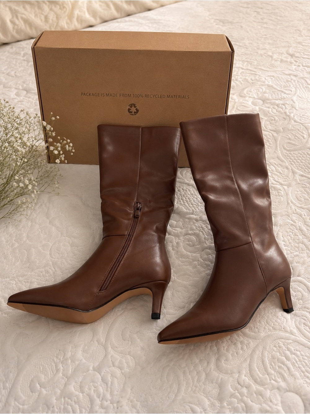 Women's Brown Mid-Calf Pointed Toe Kitten Heel Boots